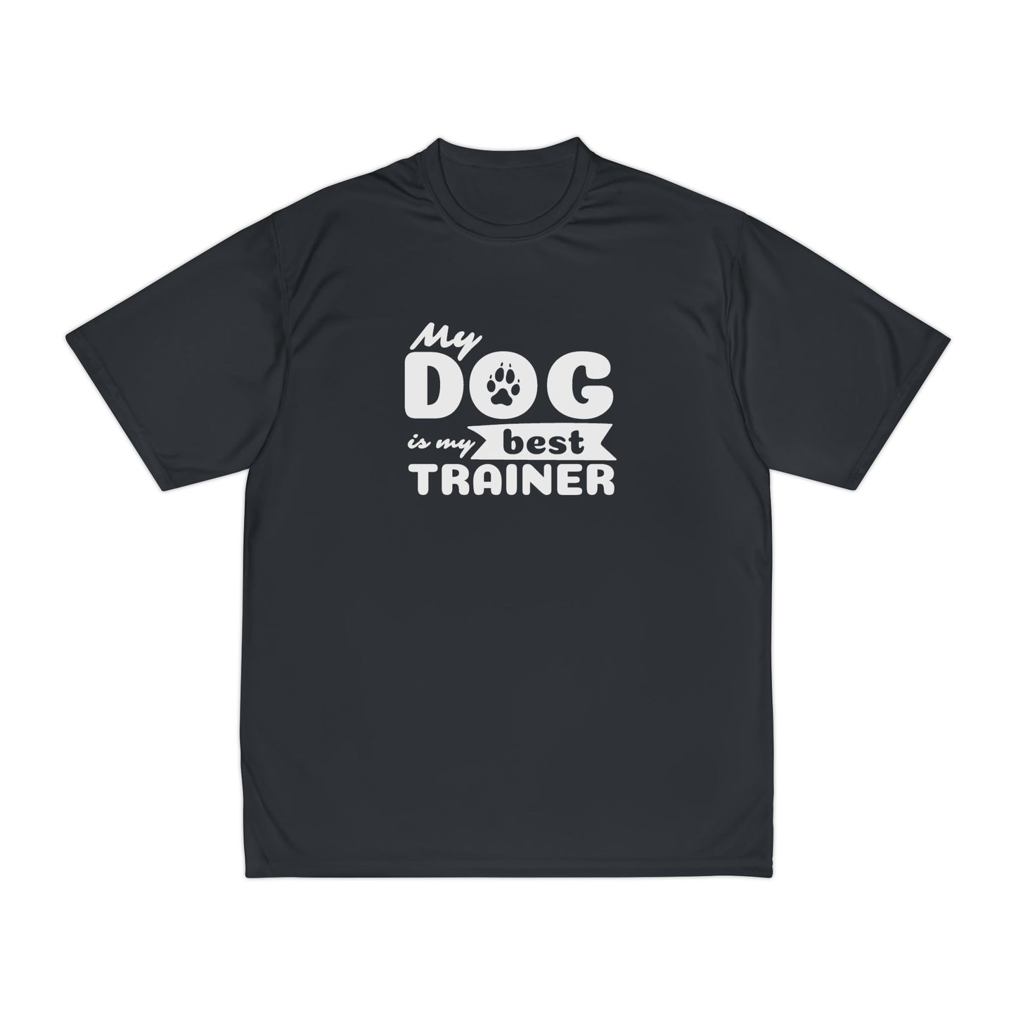 Black t-shirt with 'My dog is my best trainer' text on a white background