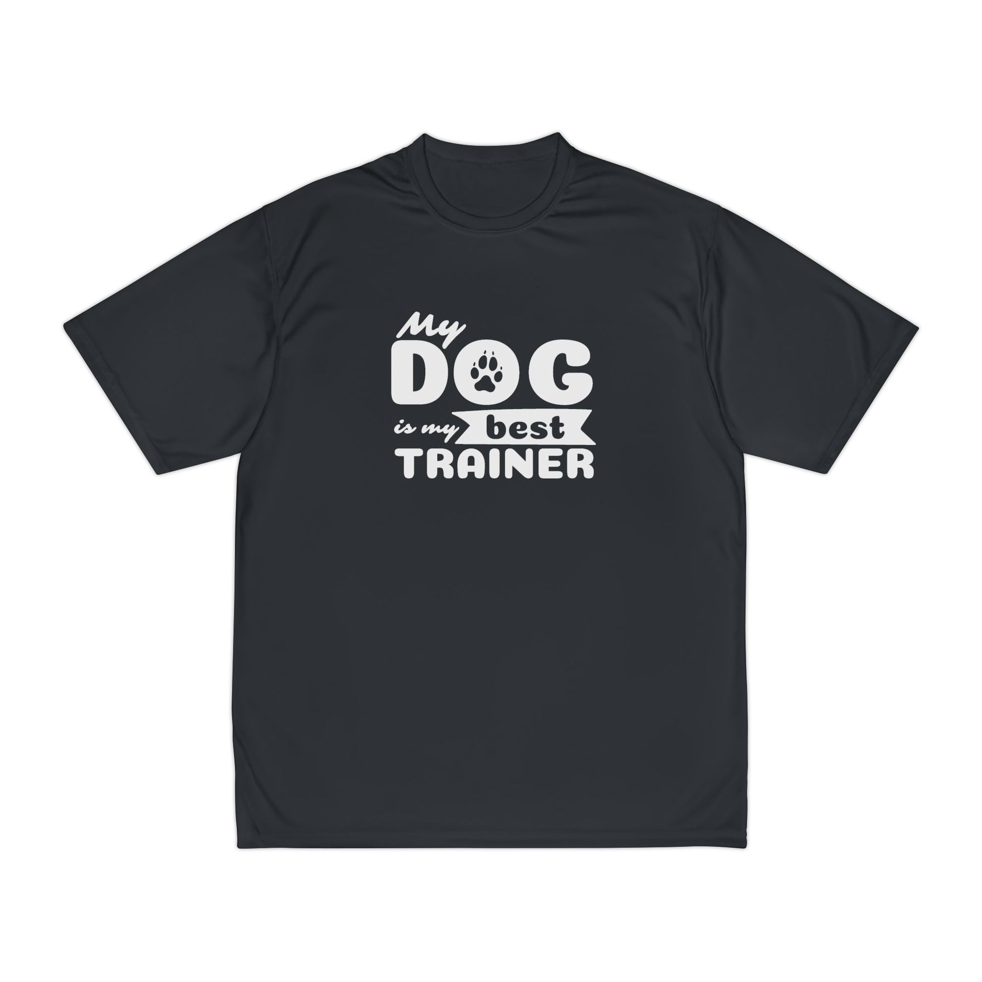 Black t-shirt with 'My dog is my best trainer' text on a white background