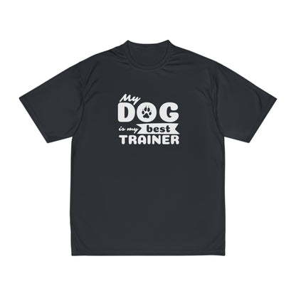 Black t-shirt with 'My dog is my best trainer' text on a white background