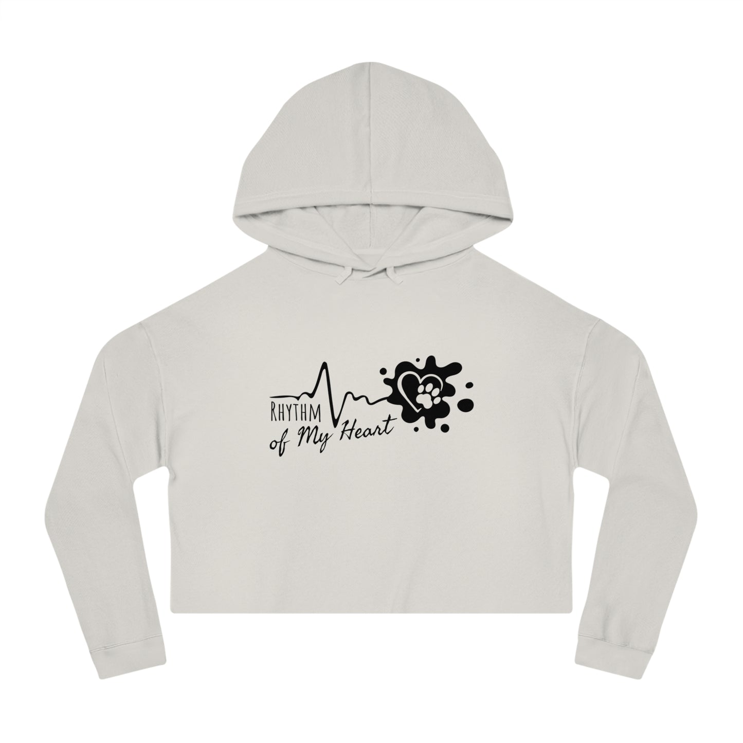 Light gray cropped hoodie with black graphic design on a white background