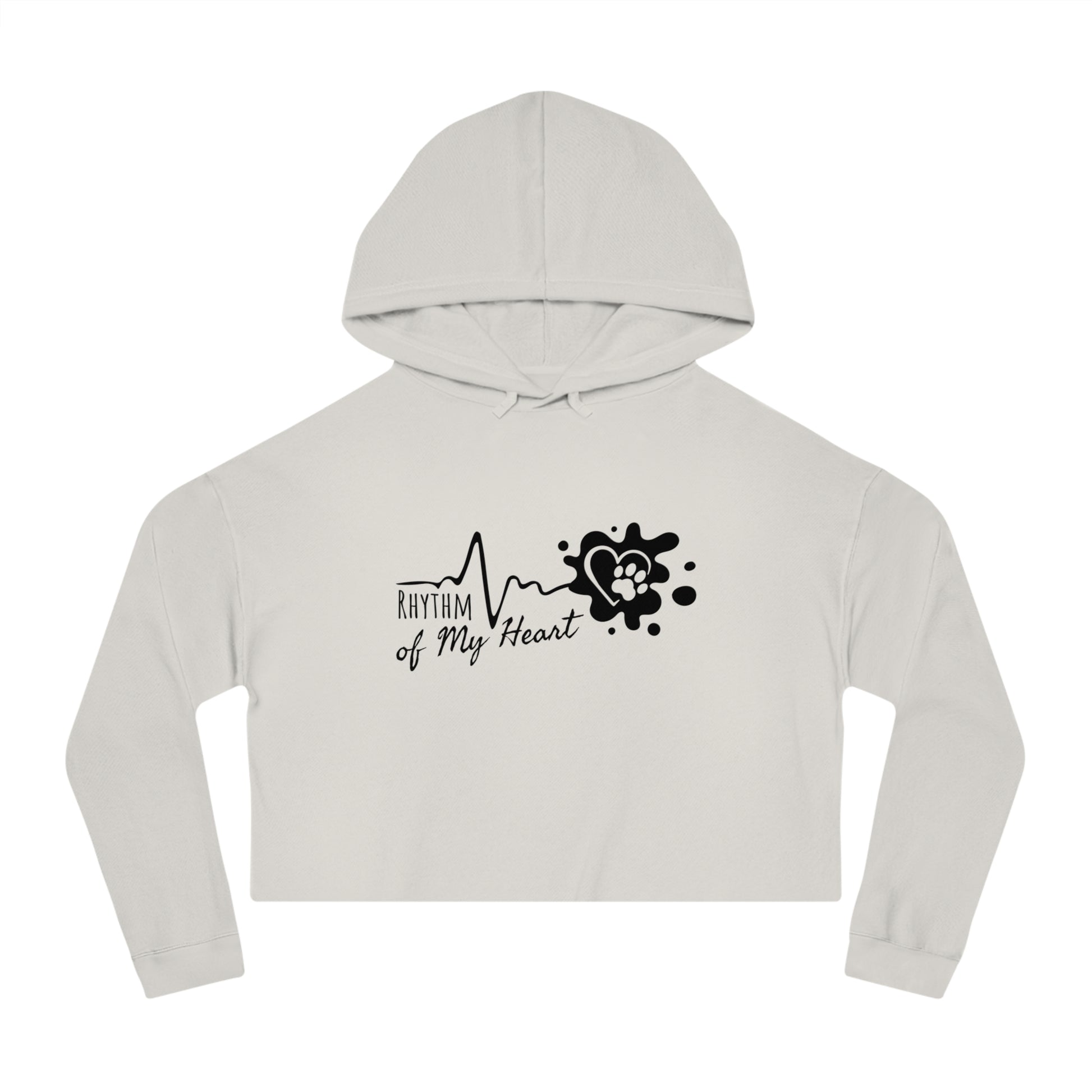 Light gray cropped hoodie with black graphic design on a white background