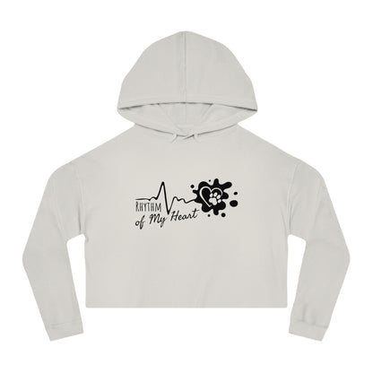 Light gray cropped hoodie with black graphic design on a white background