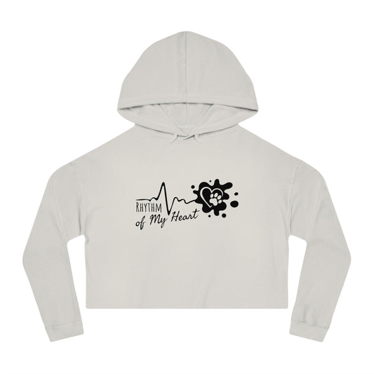 Light gray cropped hoodie with black graphic design on a white background