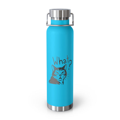 Blue water bottle with a cat illustration and 'What?' text on a white background