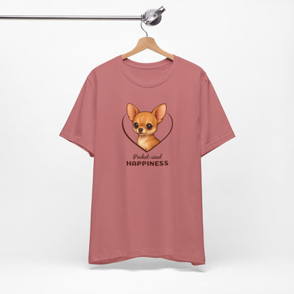 Pink t-shirt with a dog graphic and text on a white background