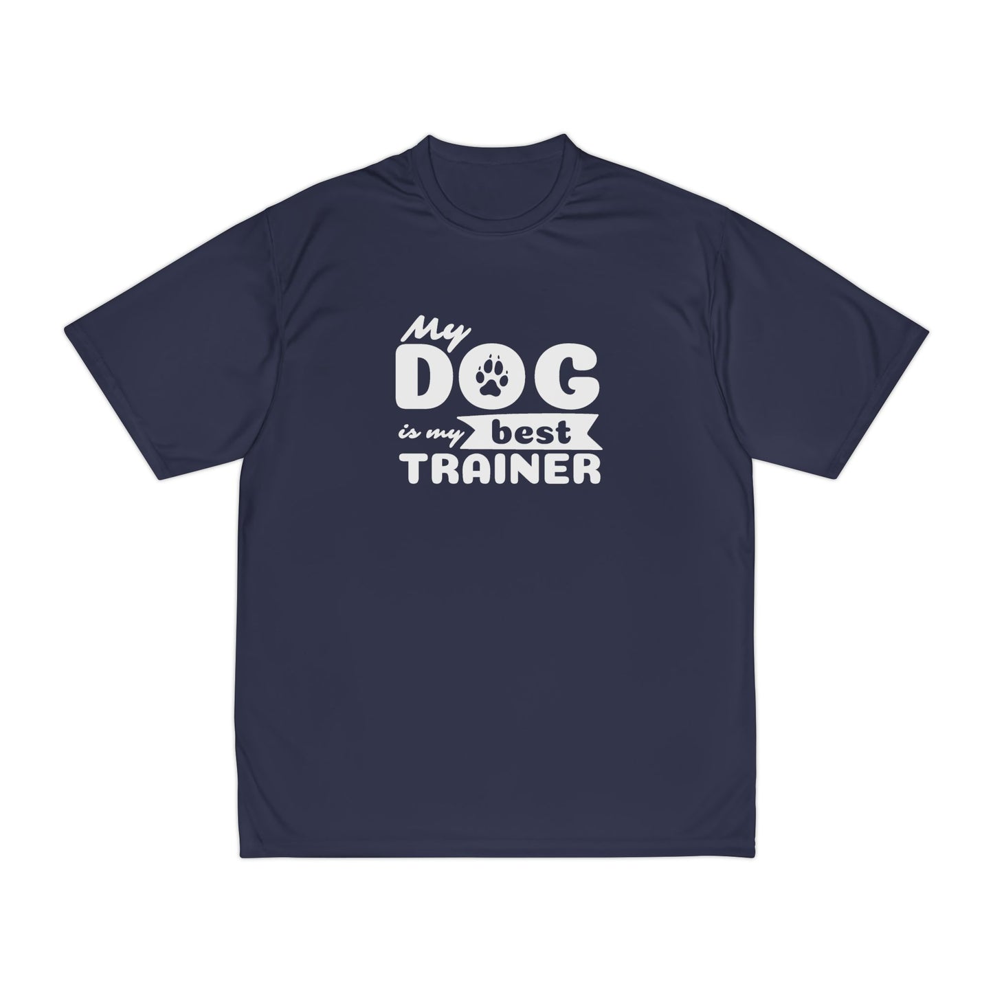 Navy blue t-shirt with 'My dog is my best trainer' text on a white background