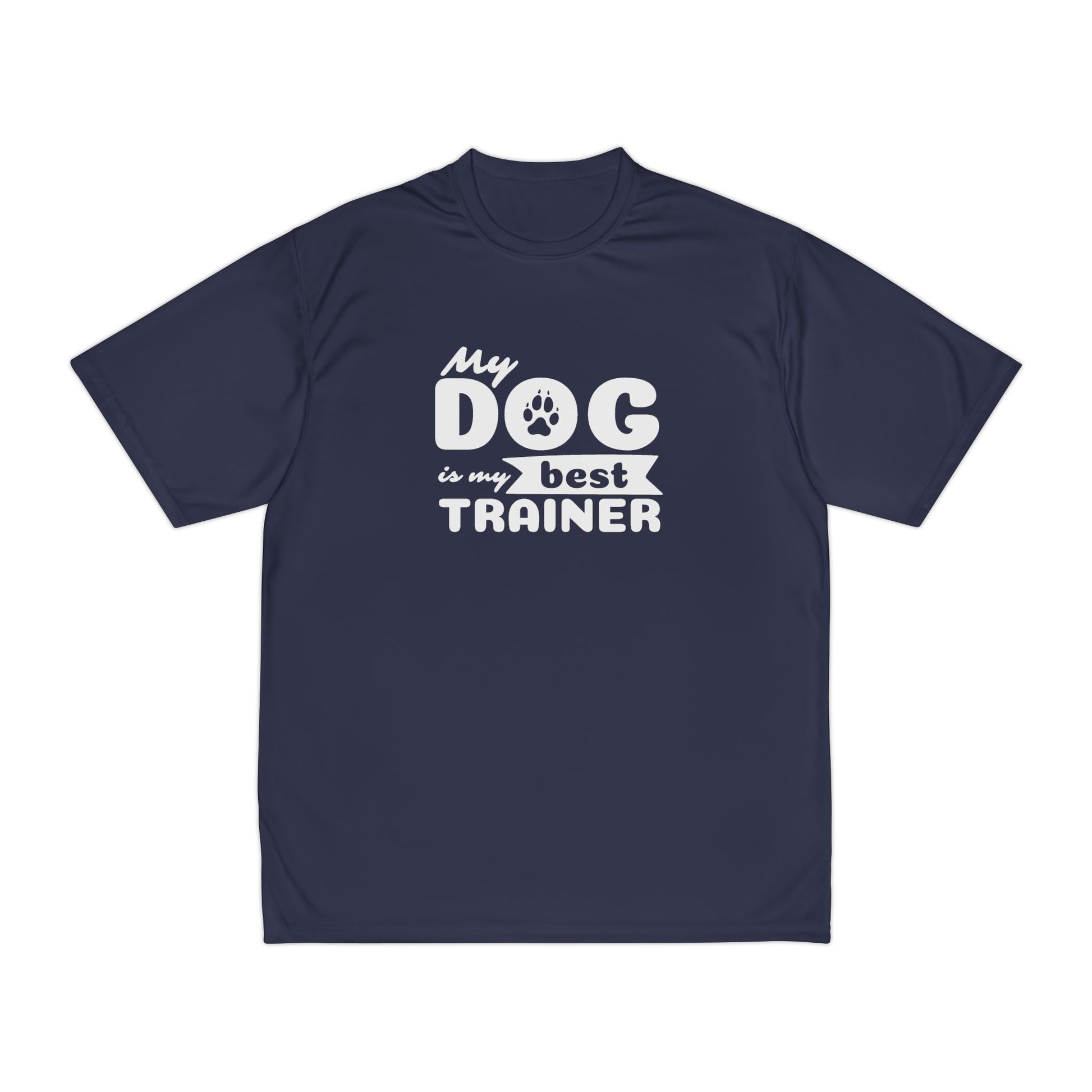Navy blue t-shirt with 'My dog is my best trainer' text on a white background