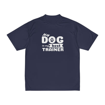 Navy blue t-shirt with 'My dog is my best trainer' text on a white background