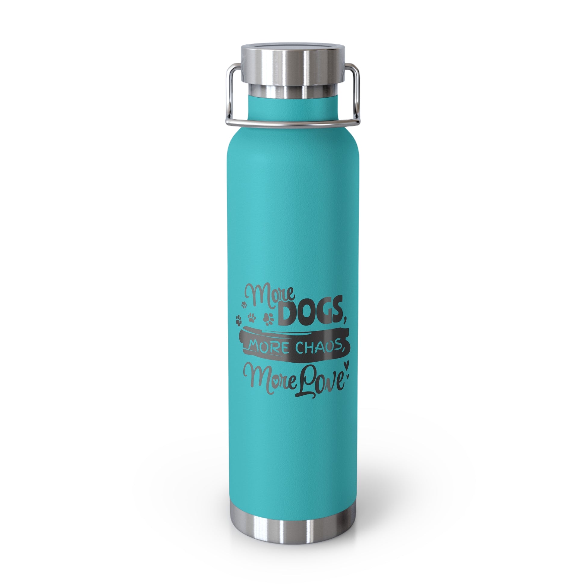 Turquoise water bottle with silver cap and text on a white background