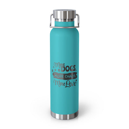 Turquoise water bottle with silver cap and text on a white background