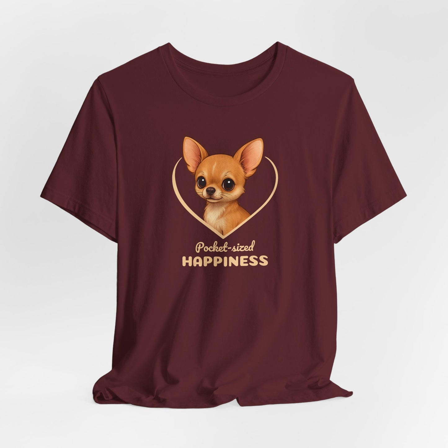 Maroon t-shirt with a dog graphic and text on a white background