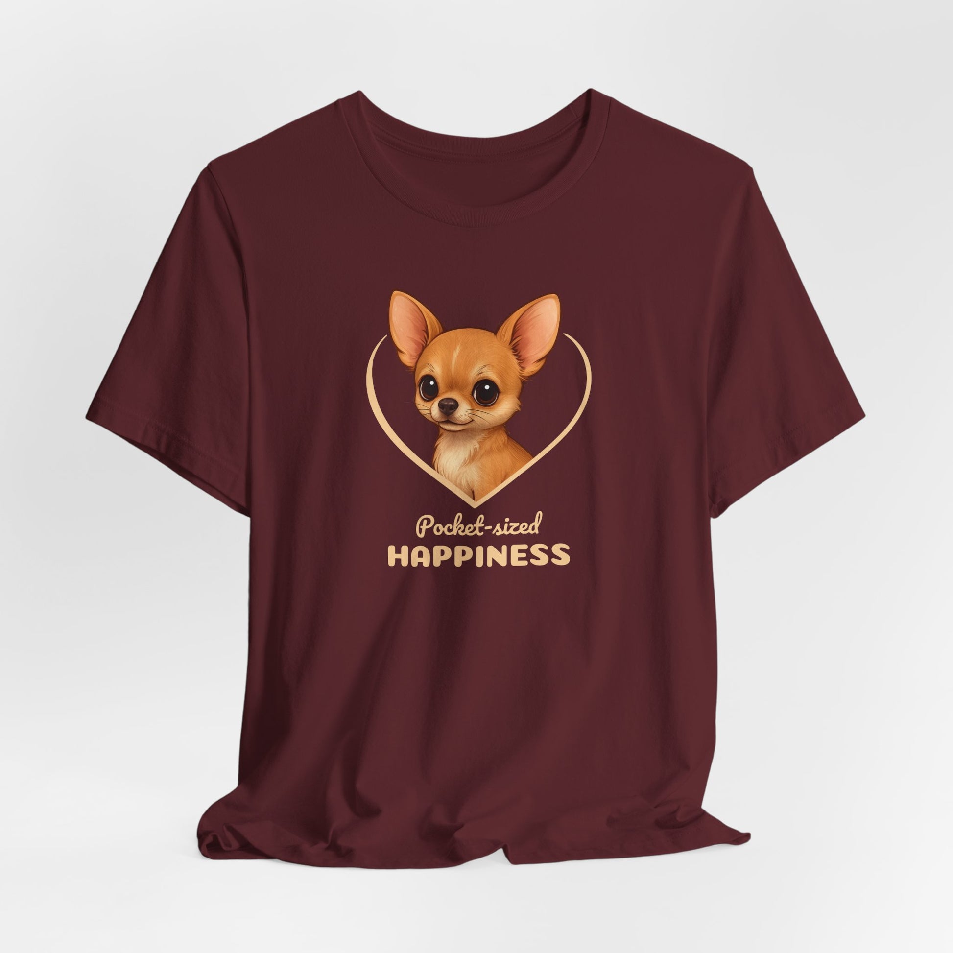 Maroon t-shirt with a dog graphic and text on a white background