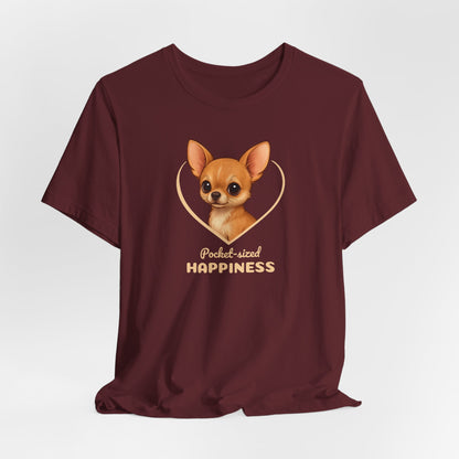 Maroon t-shirt with a dog graphic and text on a white background