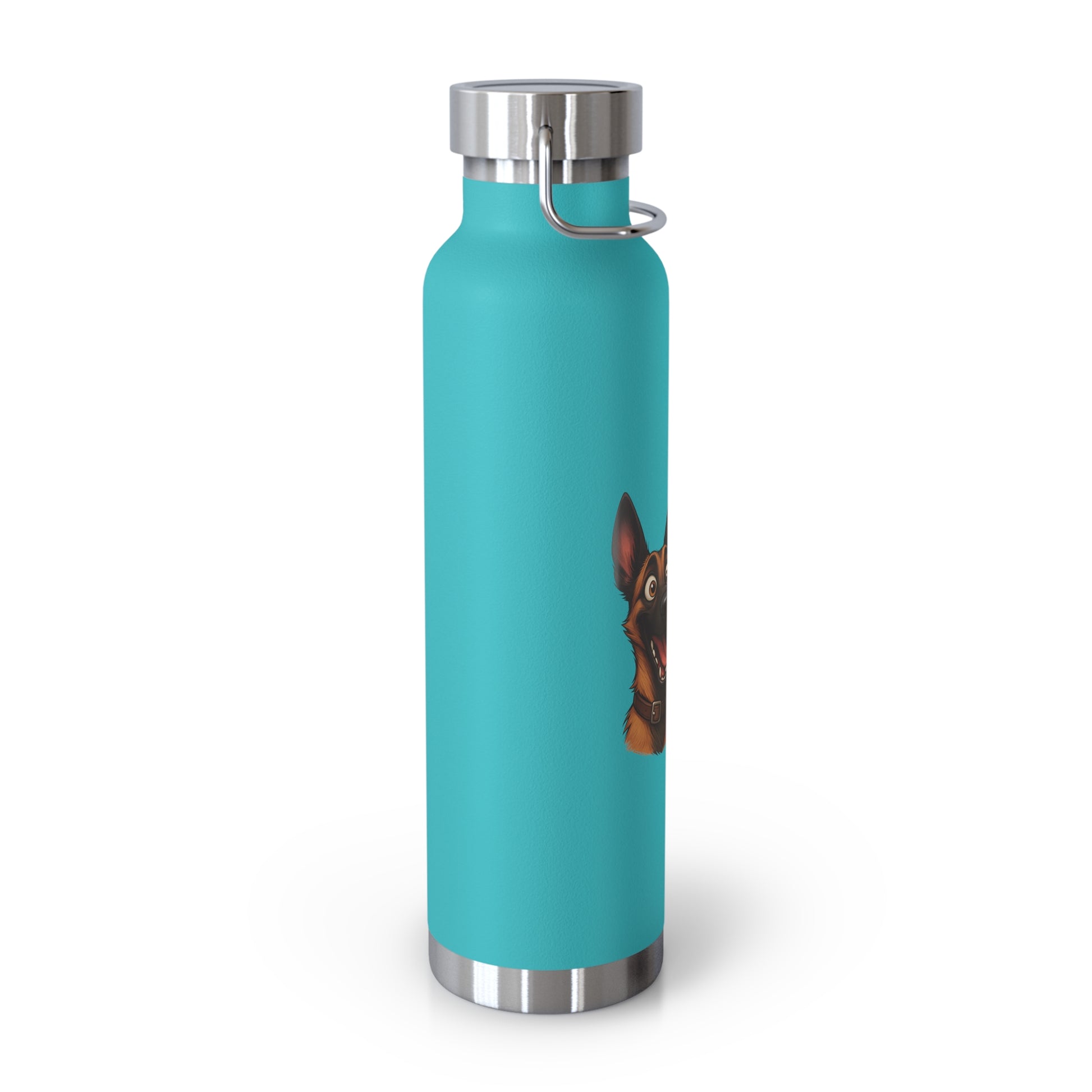 Turquoise water bottle with a dog illustration on a white background