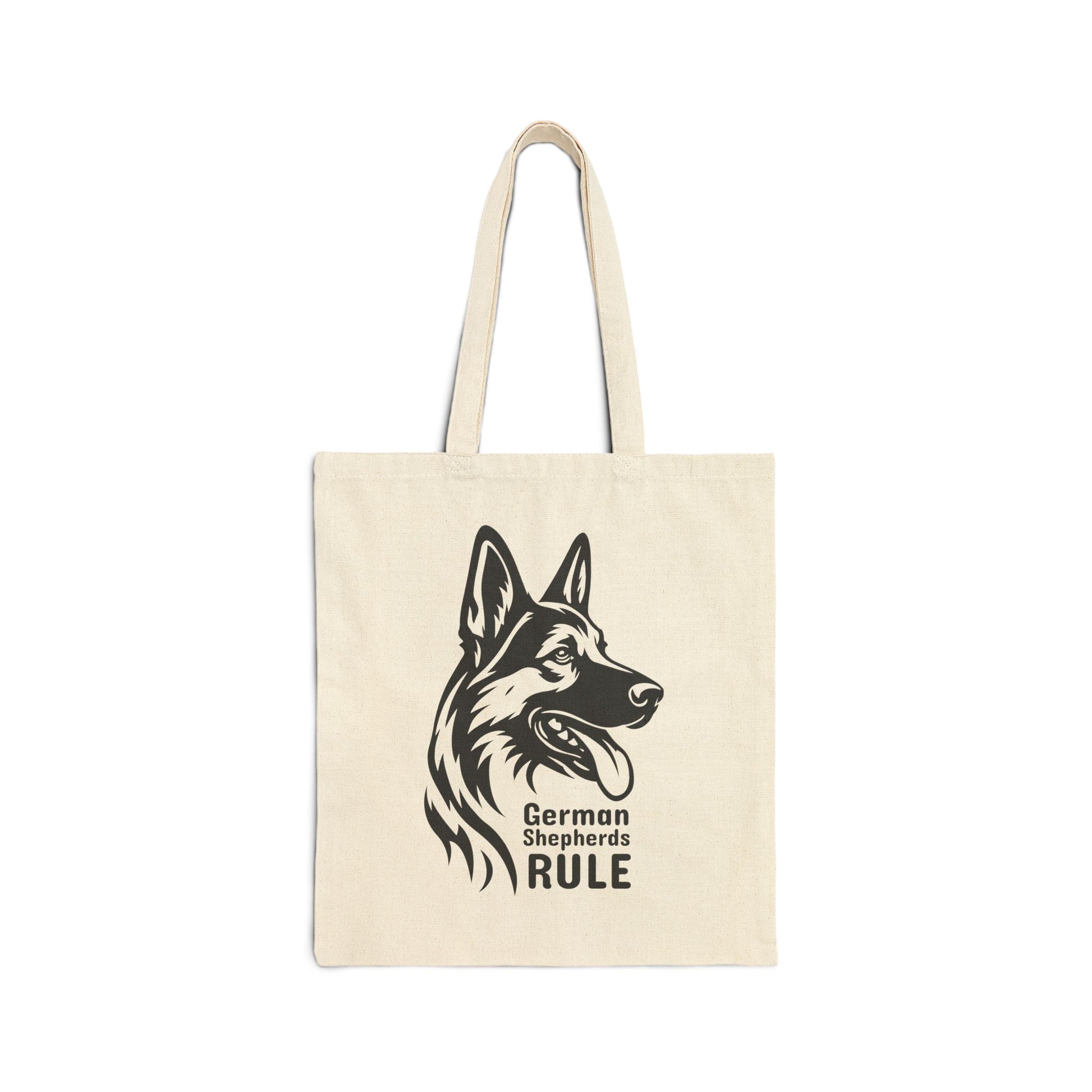 Beige tote bag with a black German Shepherd design and 'German Shepherds Rule' text on a white background