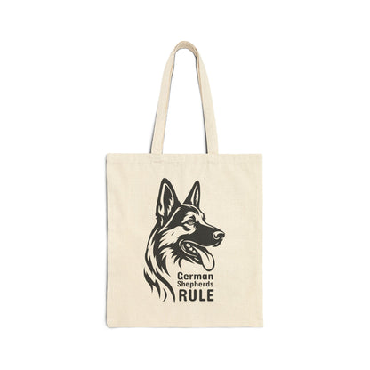 Beige tote bag with a black German Shepherd design and 'German Shepherds Rule' text on a white background