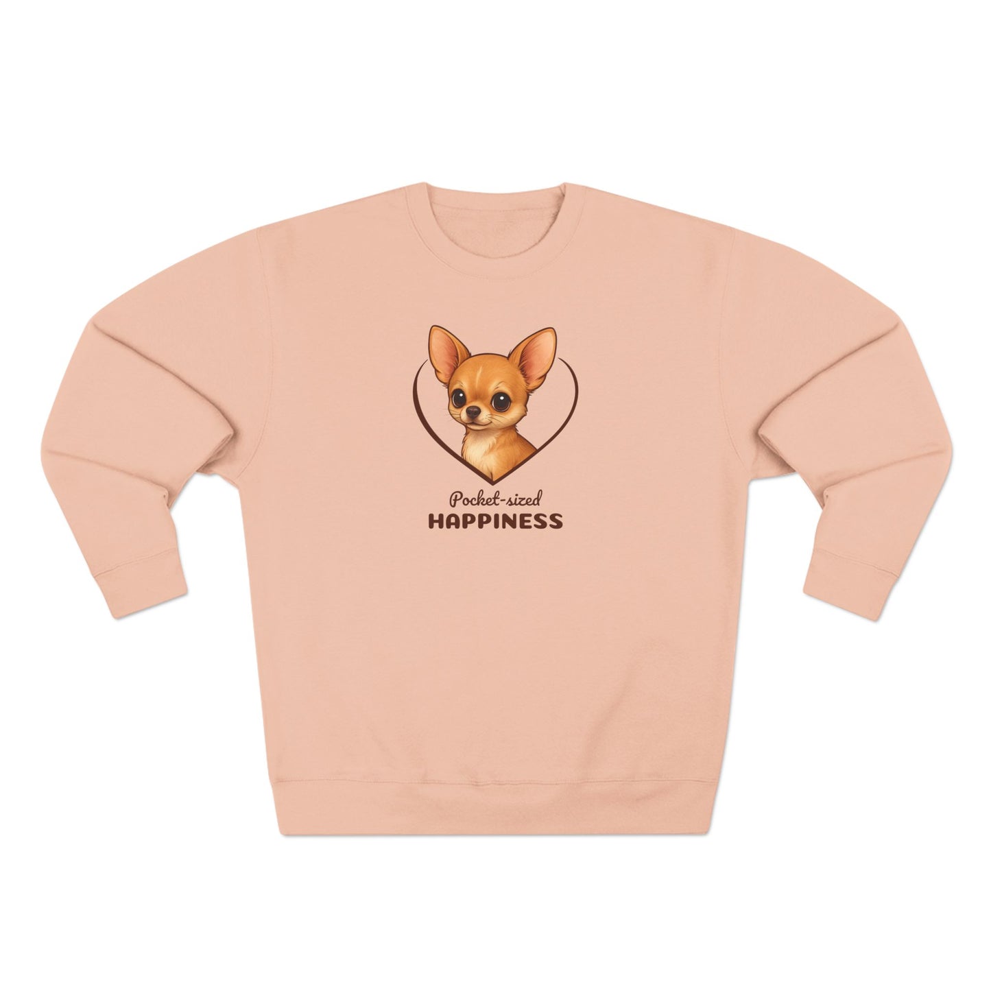 Pink sweatshirt with a dog graphic and text on a white background