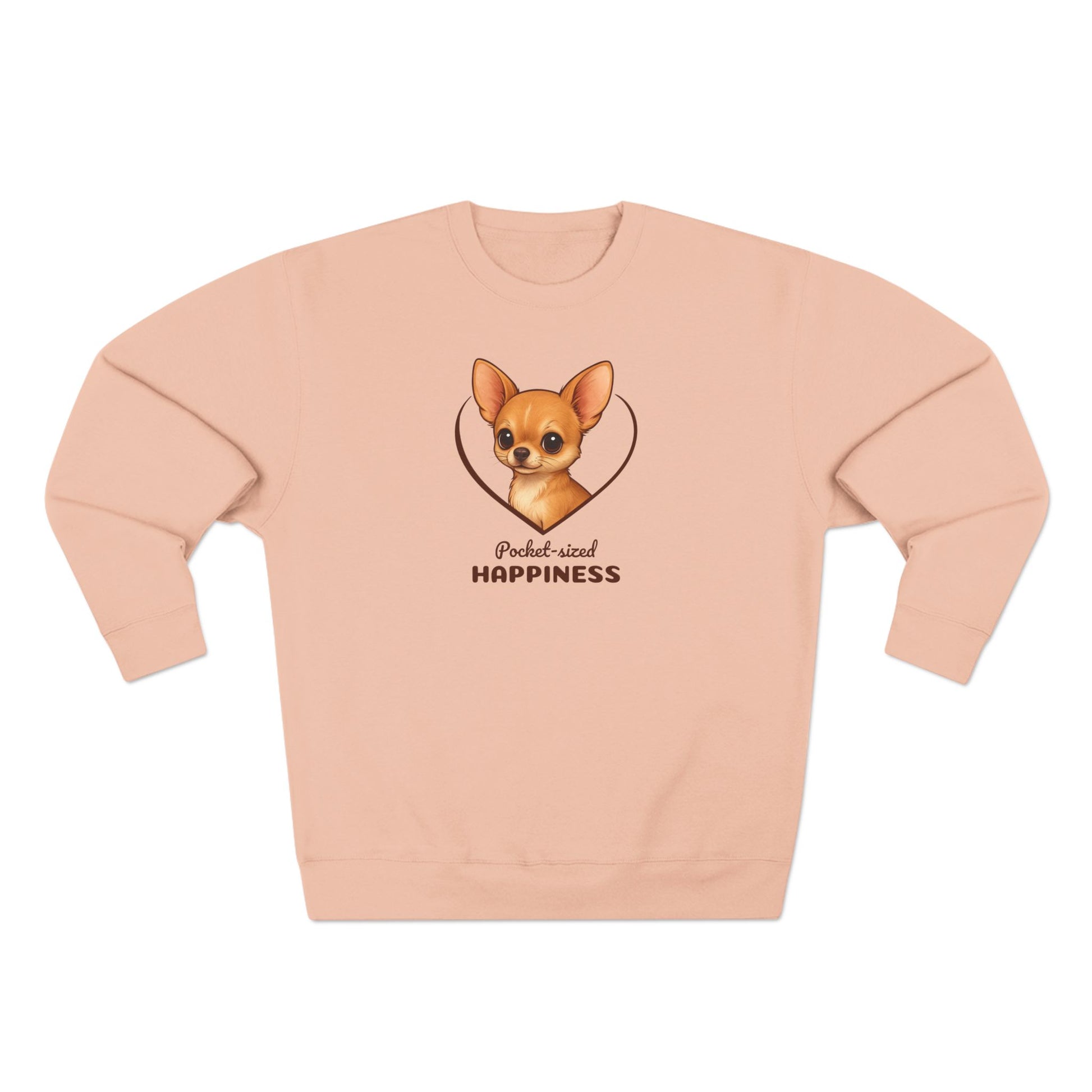 Pink sweatshirt with a dog graphic and text on a white background