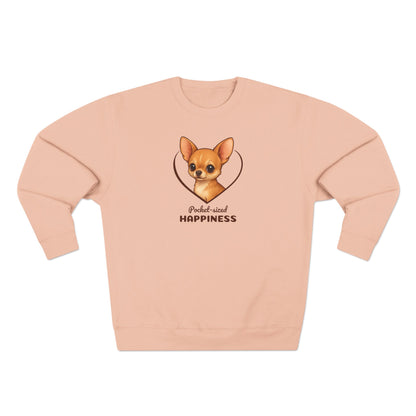 Pink sweatshirt with a dog graphic and text on a white background