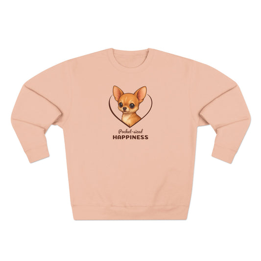 Pink sweatshirt with a dog graphic and text on a white background