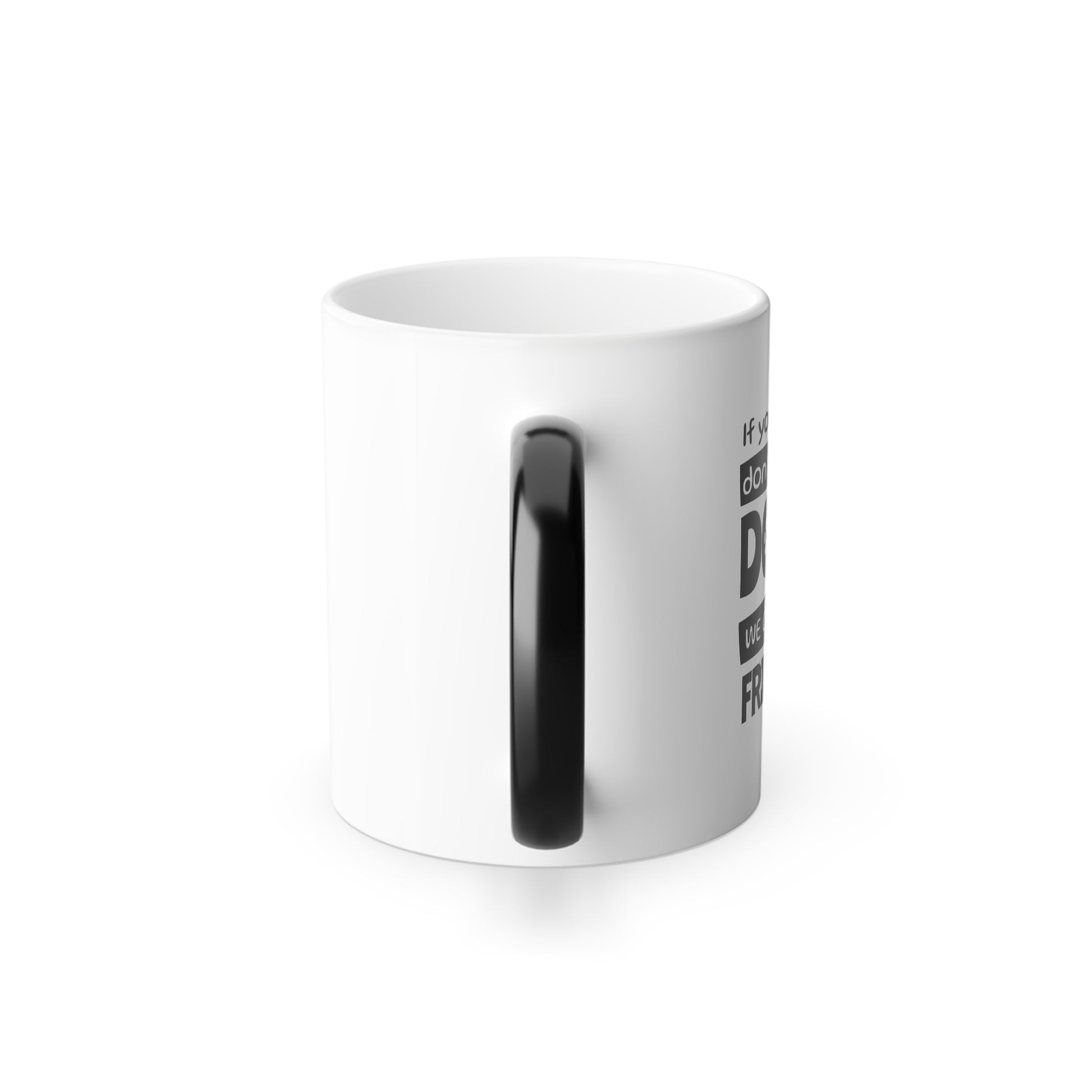White mug with black handle on a white background
