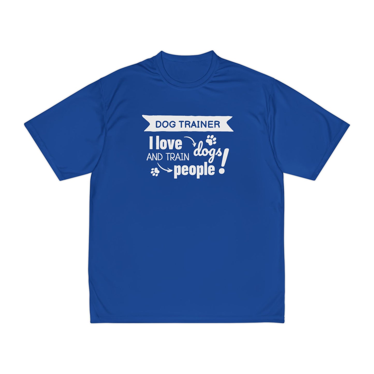 Blue t-shirt with white text 'Dog Trainer I love dogs and train people' on a white background