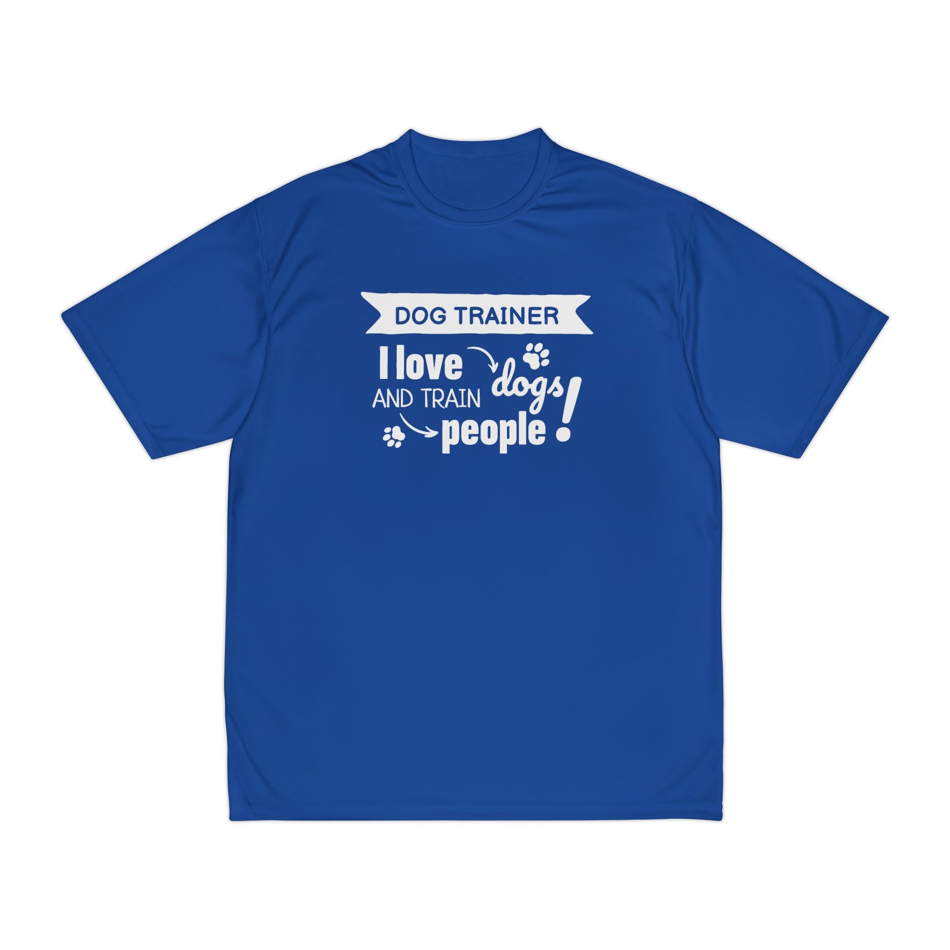 Blue t-shirt with white text 'Dog Trainer I love dogs and train people' on a white background
