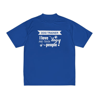 Blue t-shirt with white text 'Dog Trainer I love dogs and train people' on a white background