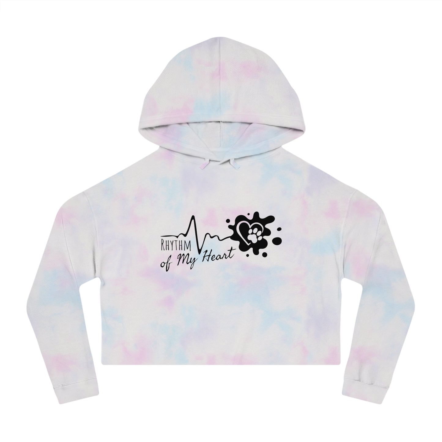 Tie-dye hoodie with 'Rhythm of My Heart' design on a white background