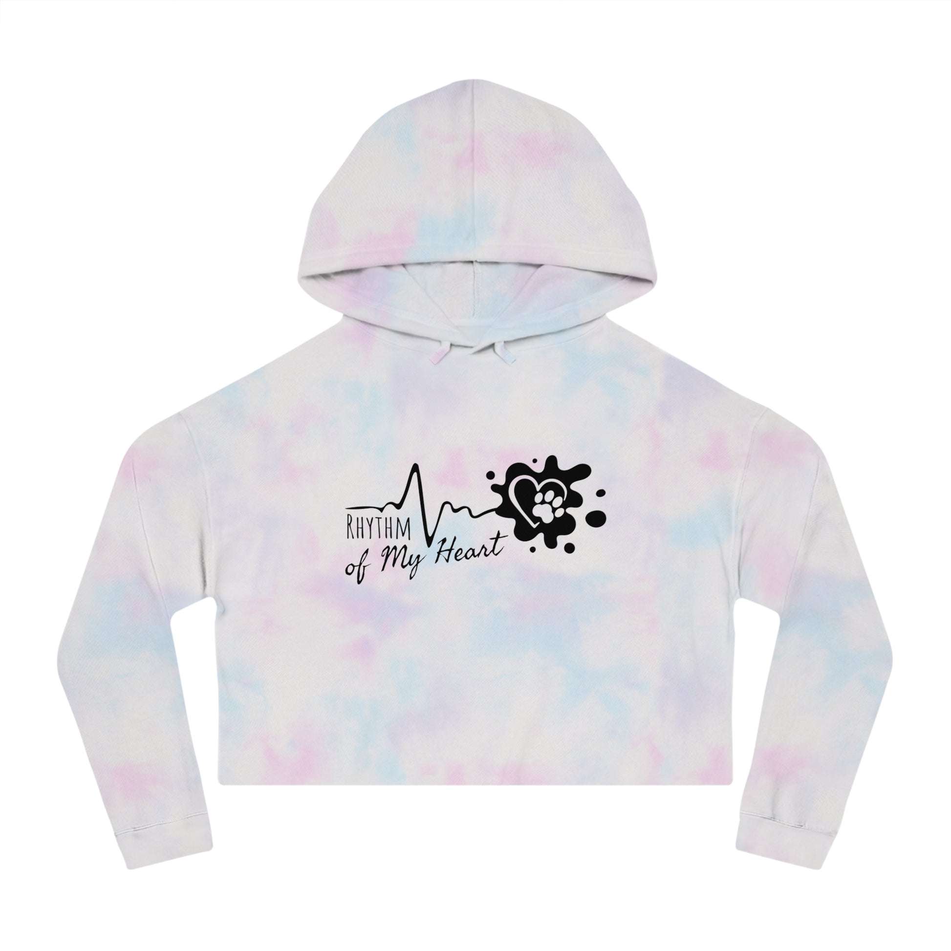 Tie-dye hoodie with 'Rhythm of My Heart' design on a white background