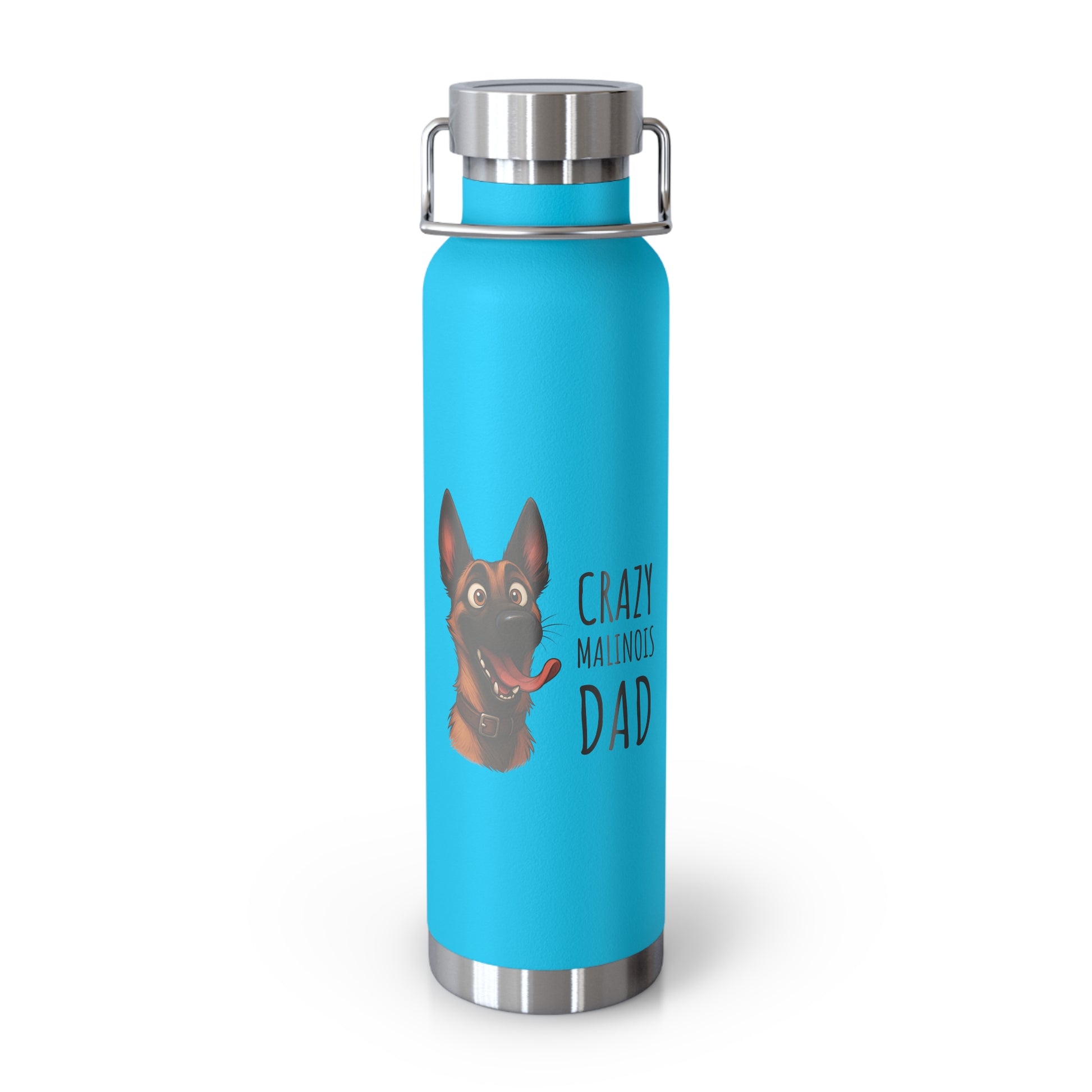 Blue water bottle with a dog illustration and text on a white background