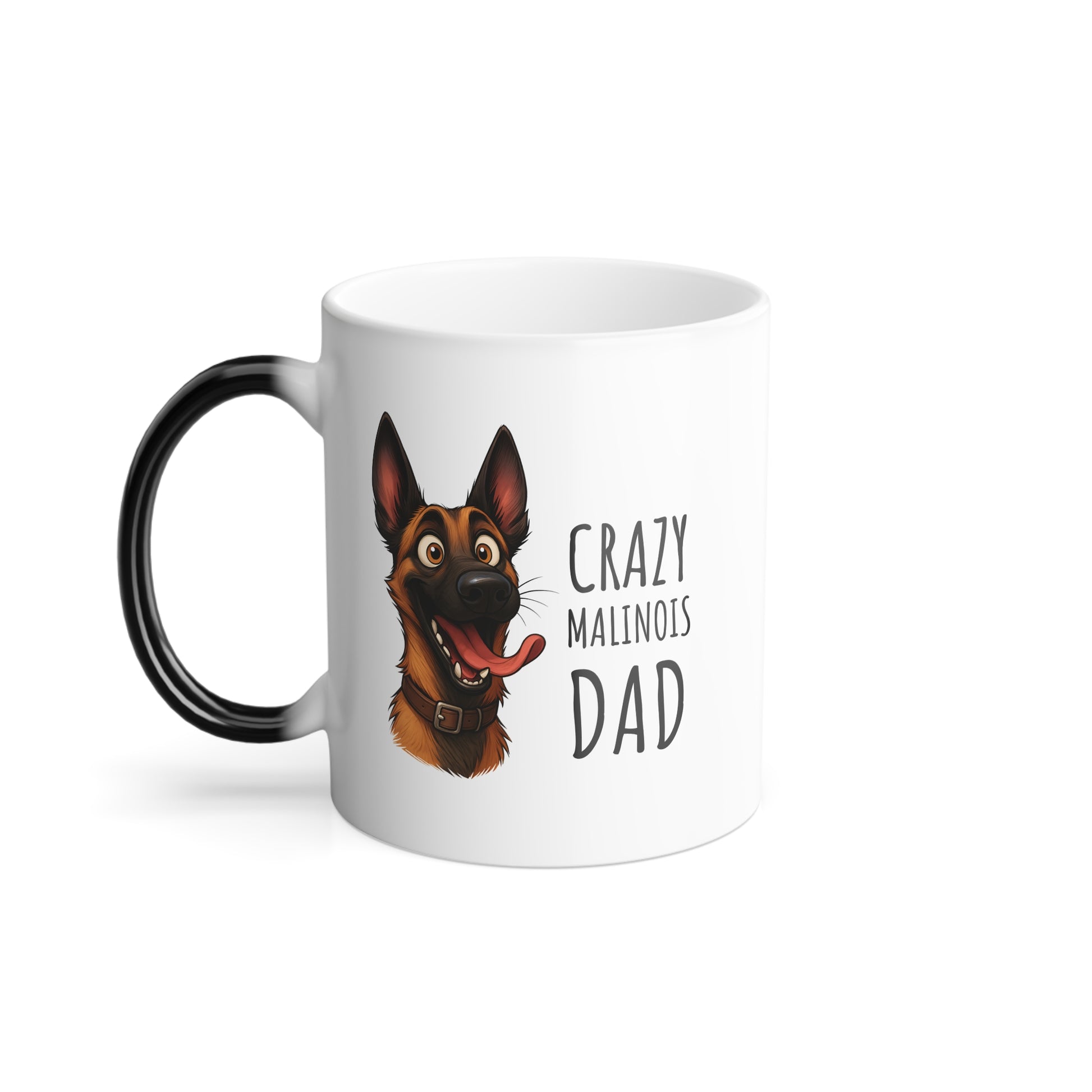 White mug with a dog illustration and text 'Crazy Malinois Dad' on a white background