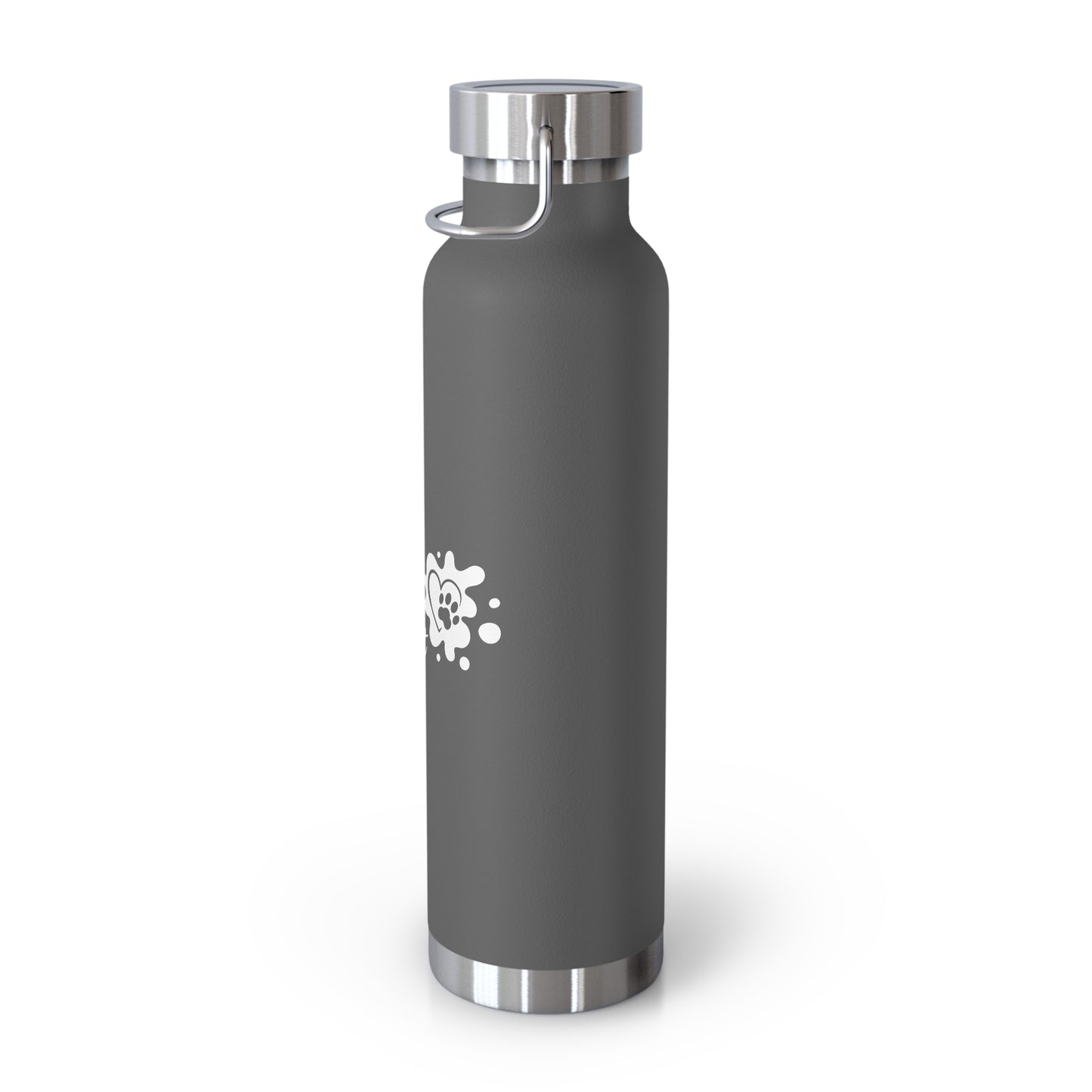 Gray water bottle with a silver cap on a white background
