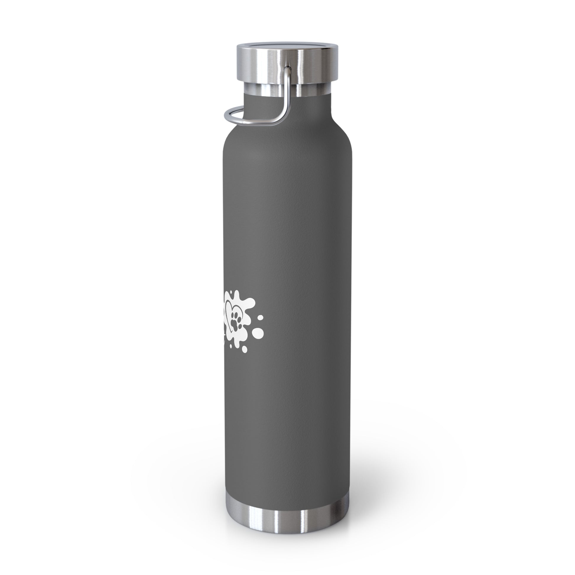 Gray water bottle with a silver cap on a white background