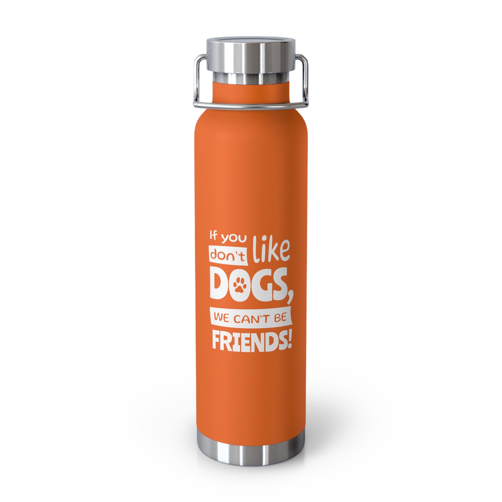 Orange water bottle with white text on a white background
