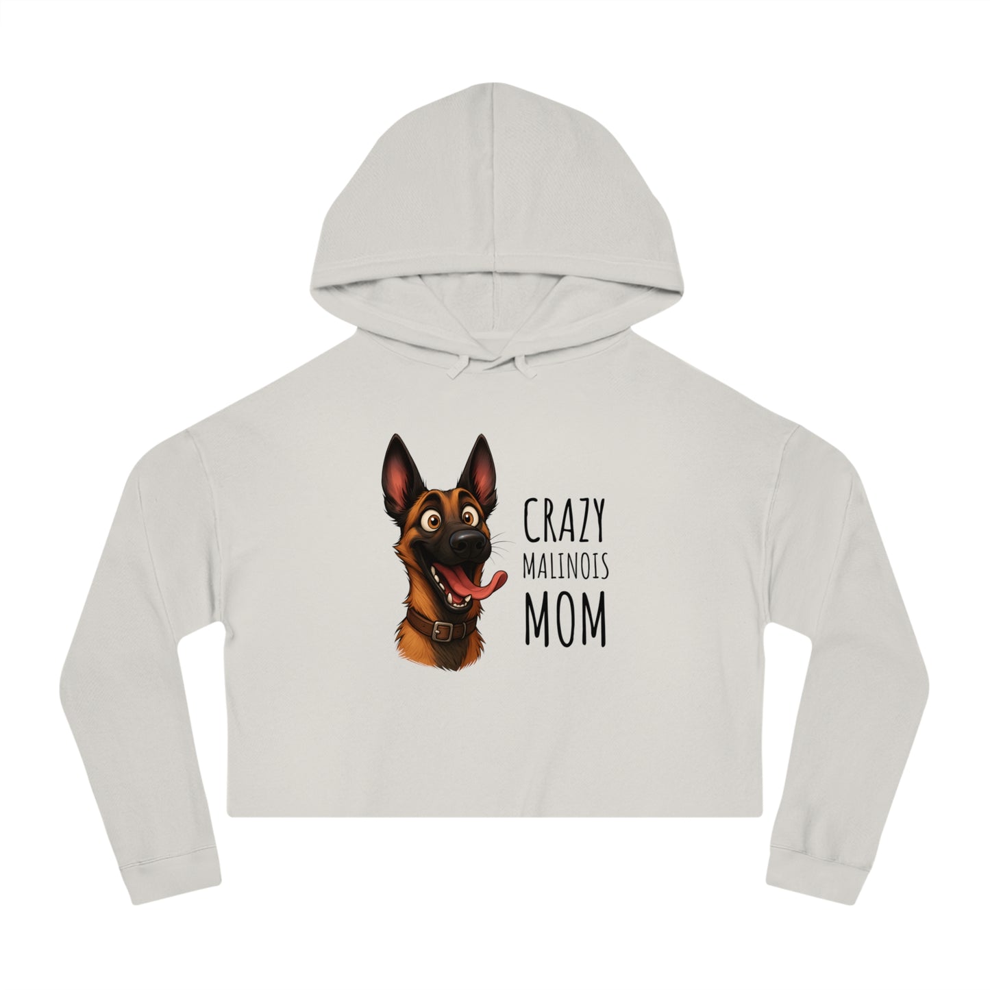 Light gray cropped hoodie with a dog graphic and text on a white background