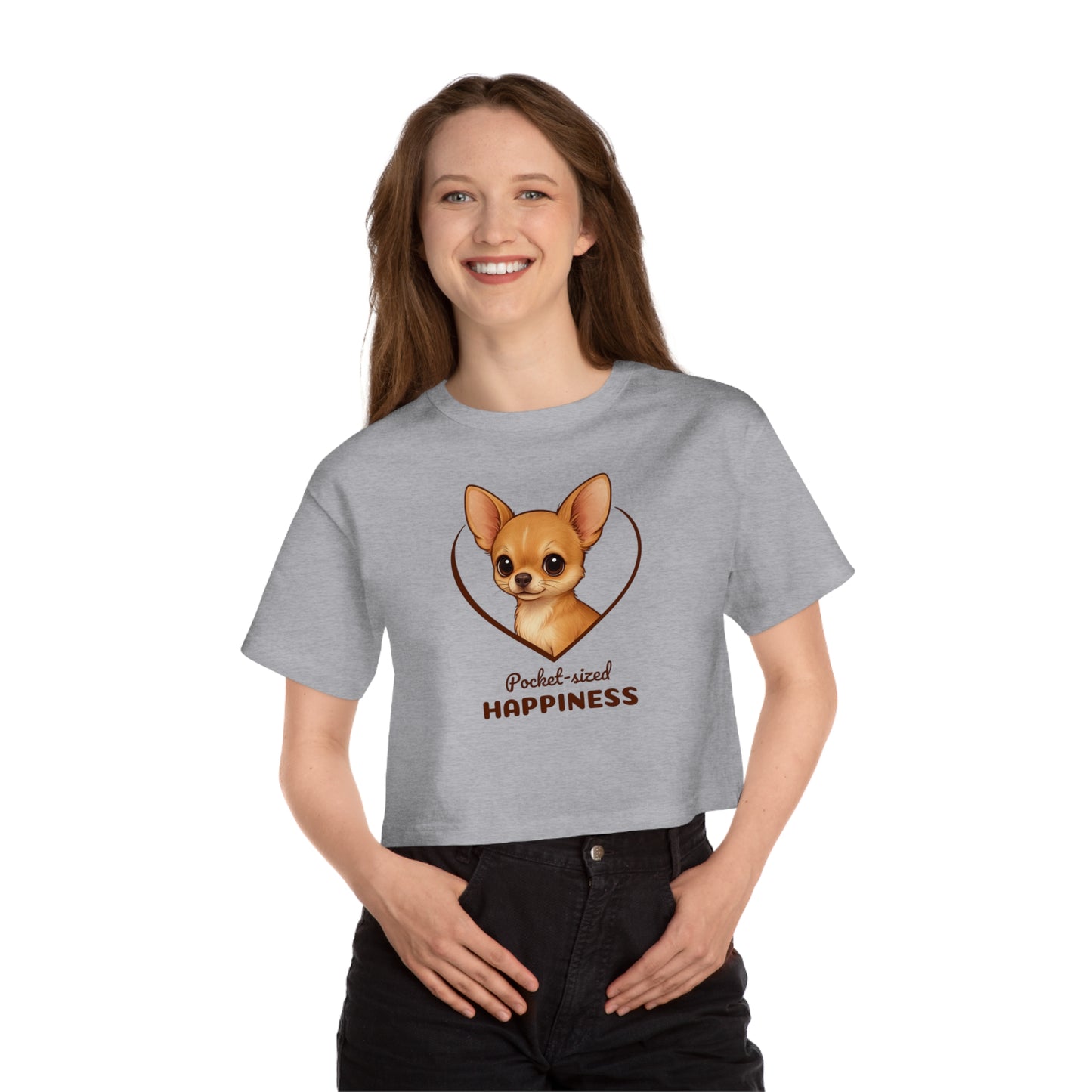 Person wearing a gray t-shirt with a dog illustration and text on a white background