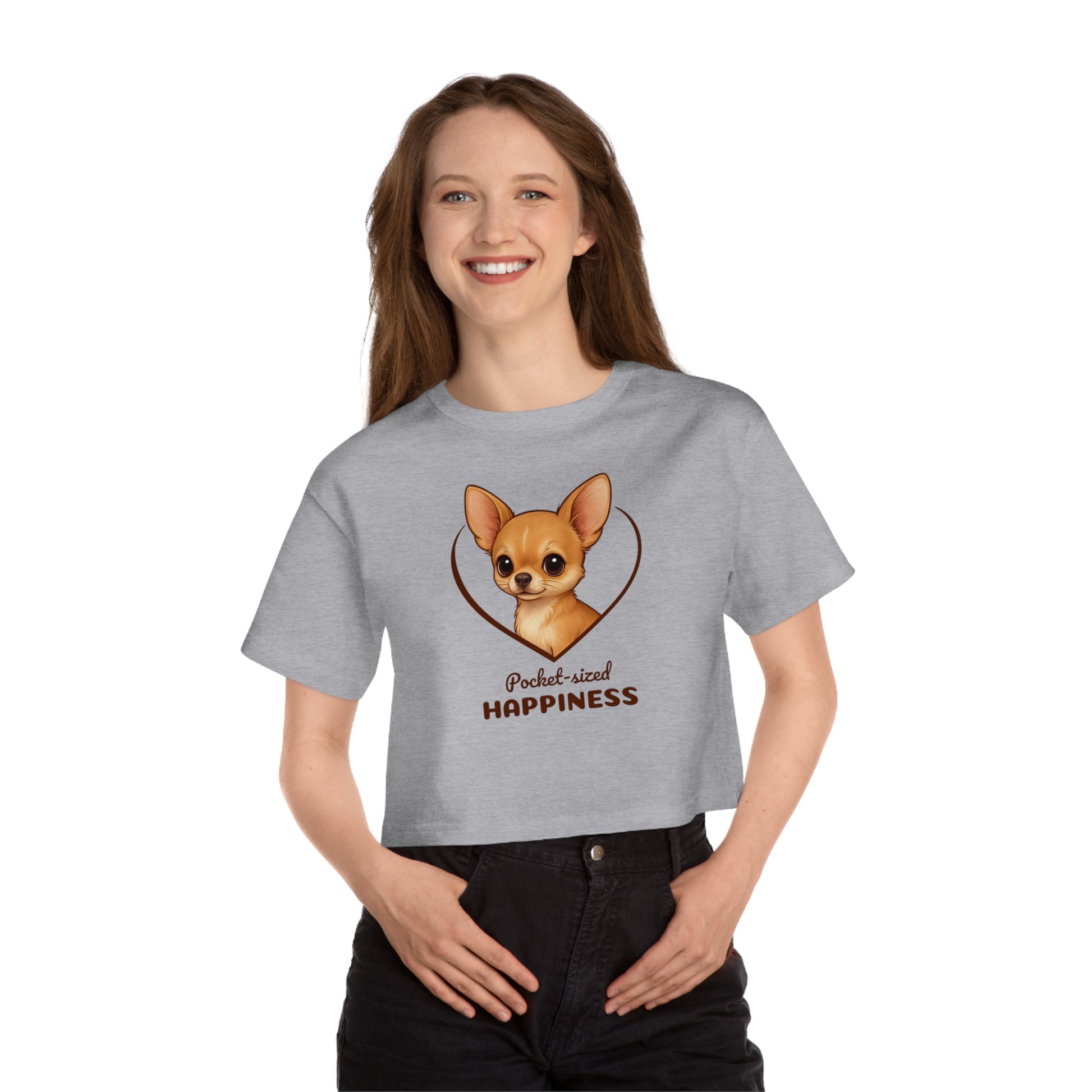 Person wearing a gray t-shirt with a dog illustration and text on a white background
