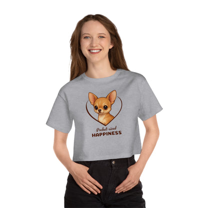 Person wearing a gray t-shirt with a dog illustration and text on a white background