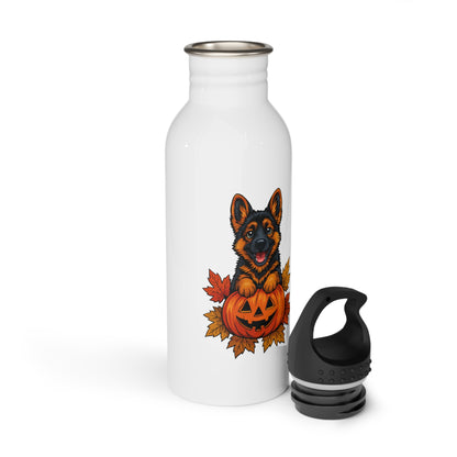 White water bottle with a German Shepherd in a pumpkin design on a white background