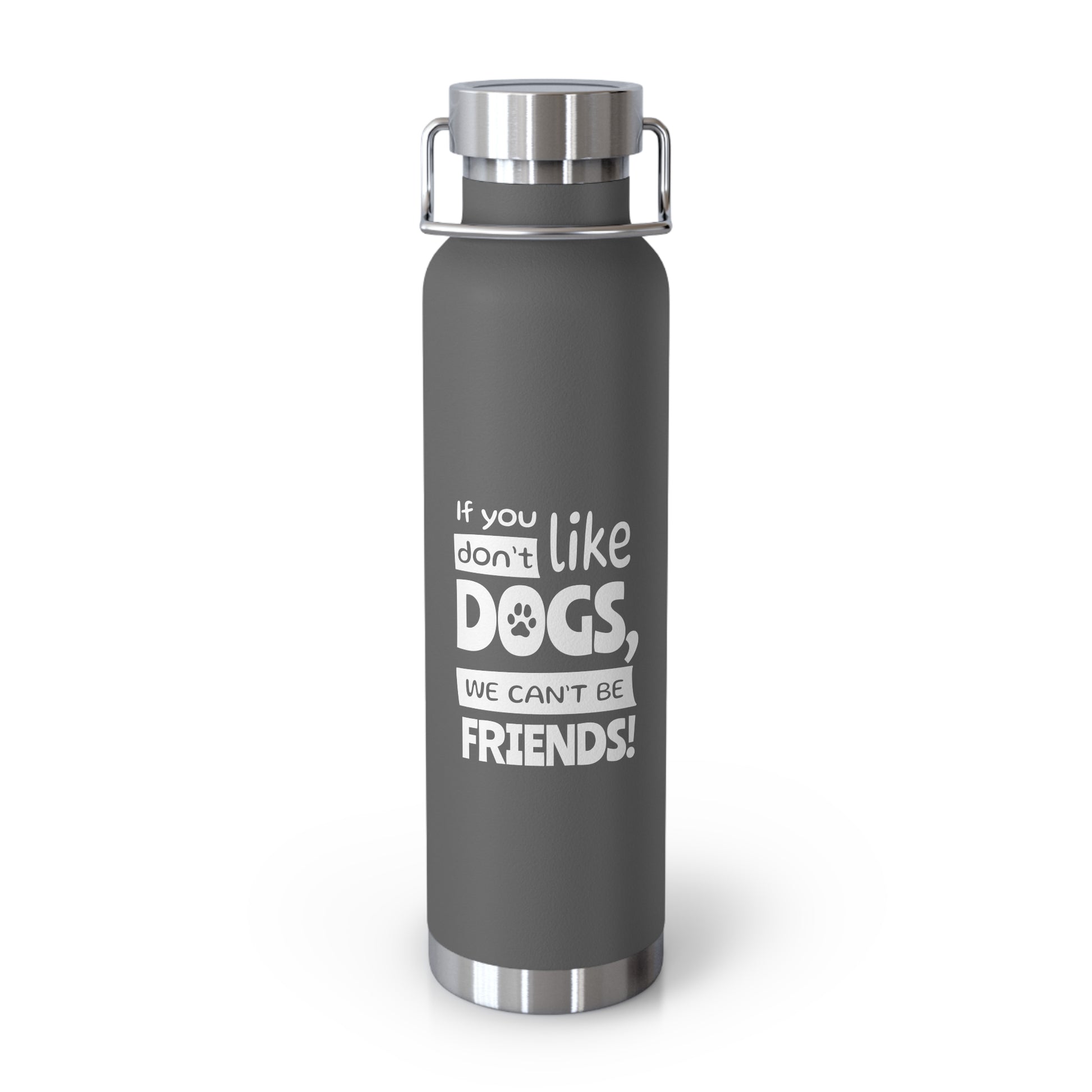 Gray water bottle with text on a white background