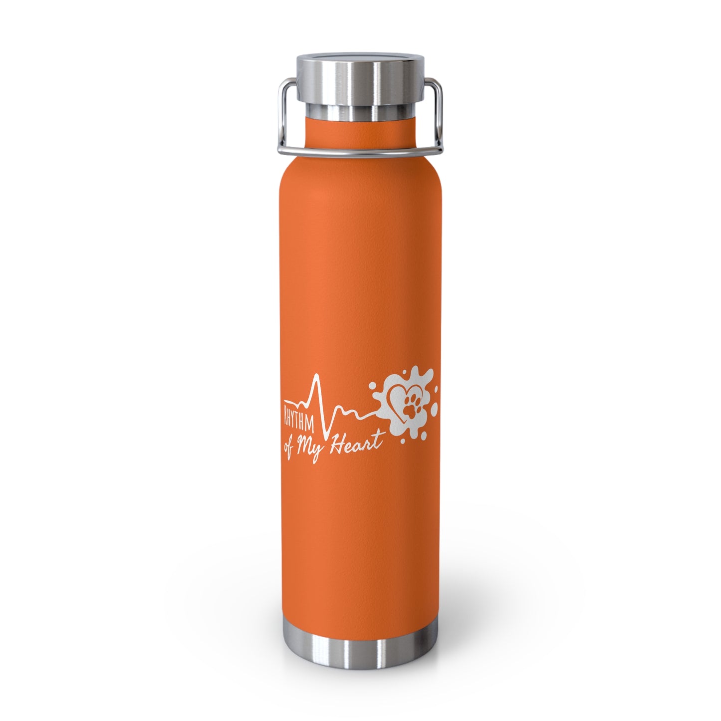 Orange water bottle with a logo and text on a white background