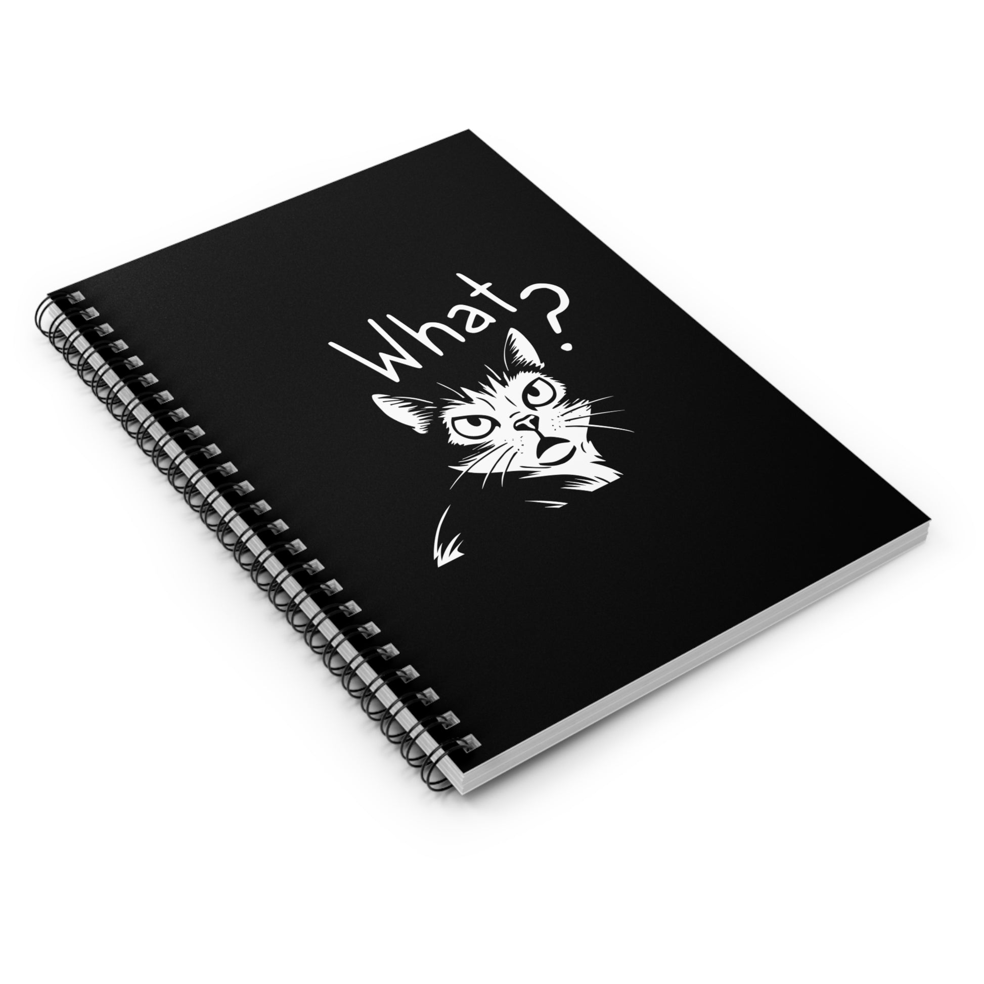 Black notebook with a cat illustration and 'What?' text on a white background