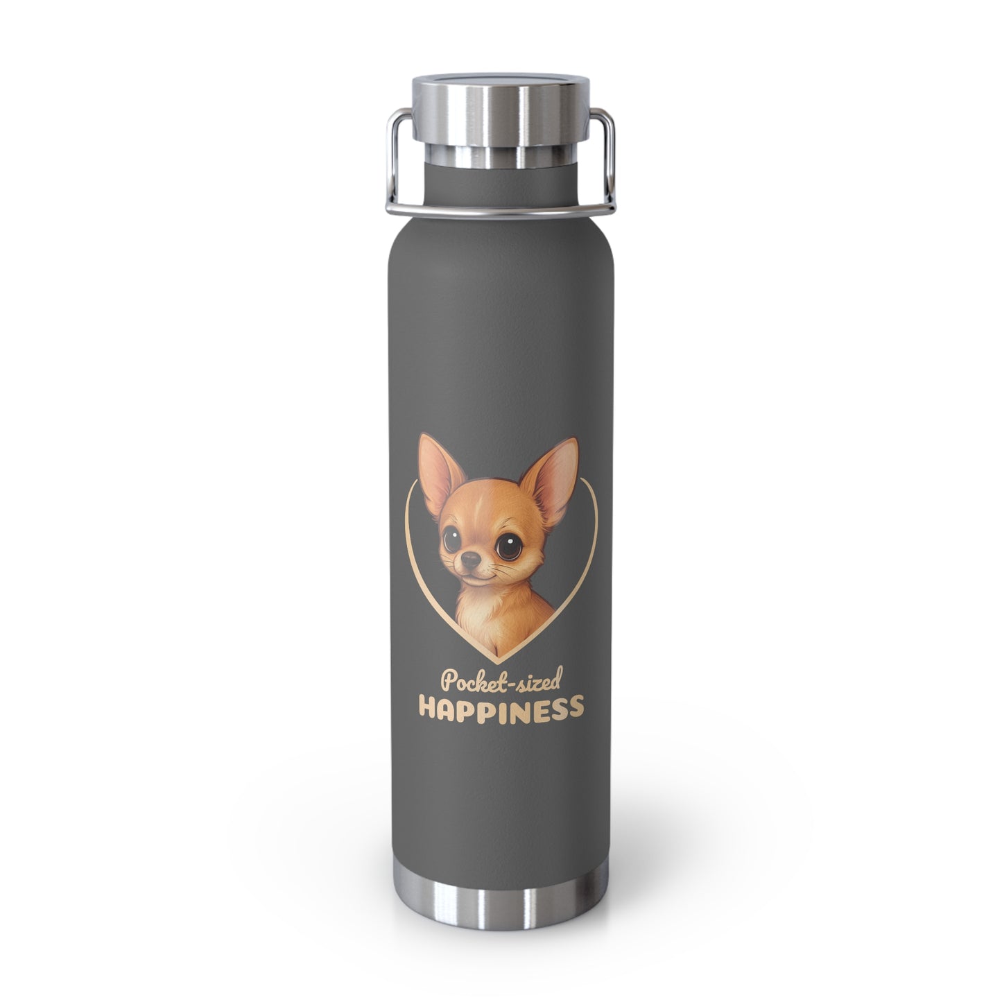 Gray water bottle with a chihuahua illustration and 'Pocket-sized Happiness' text on a white background