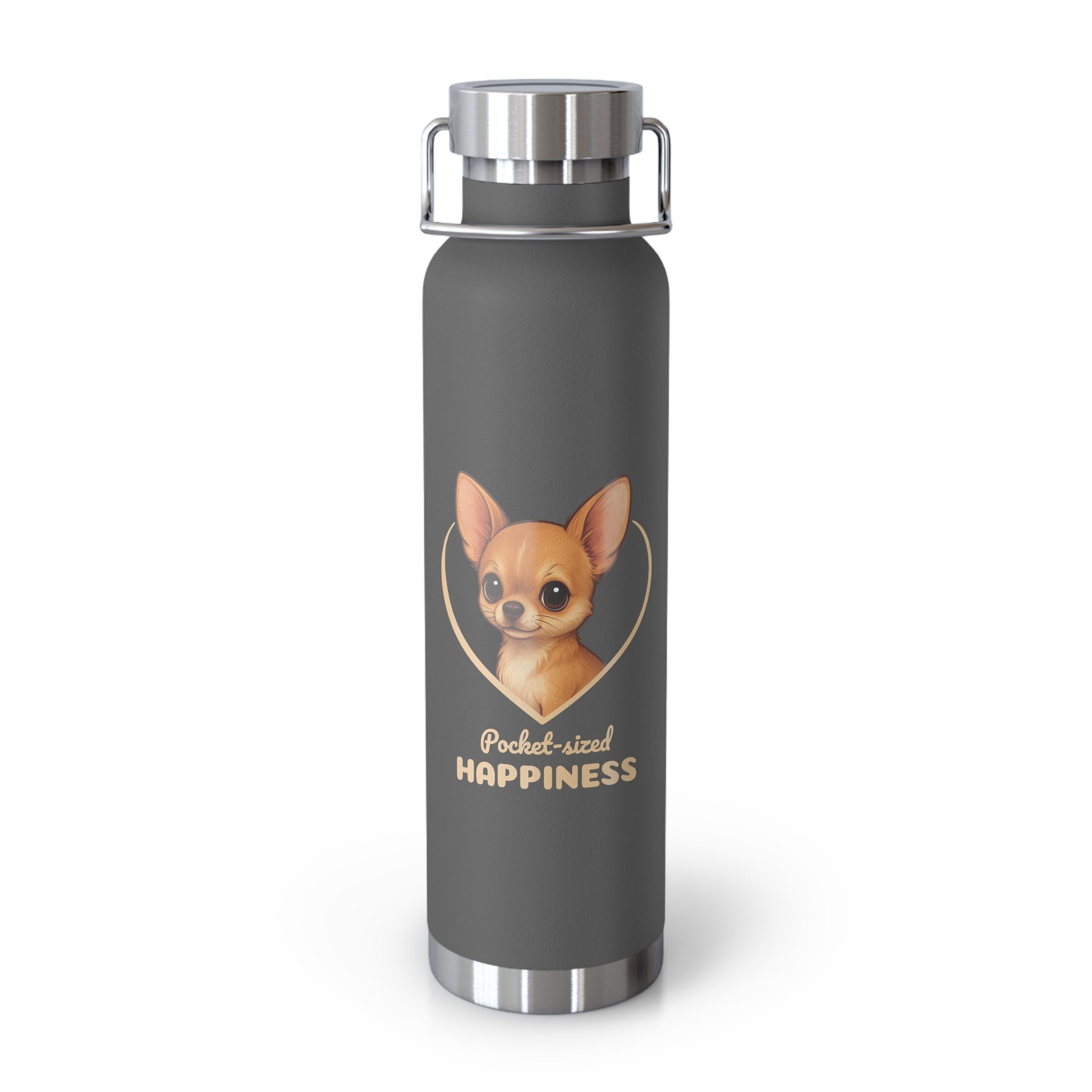 Gray water bottle with a chihuahua illustration and 'Pocket-sized Happiness' text on a white background