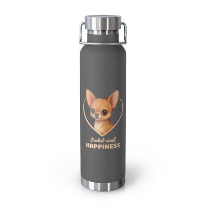 Gray water bottle with a chihuahua illustration and 'Pocket-sized Happiness' text on a white background
