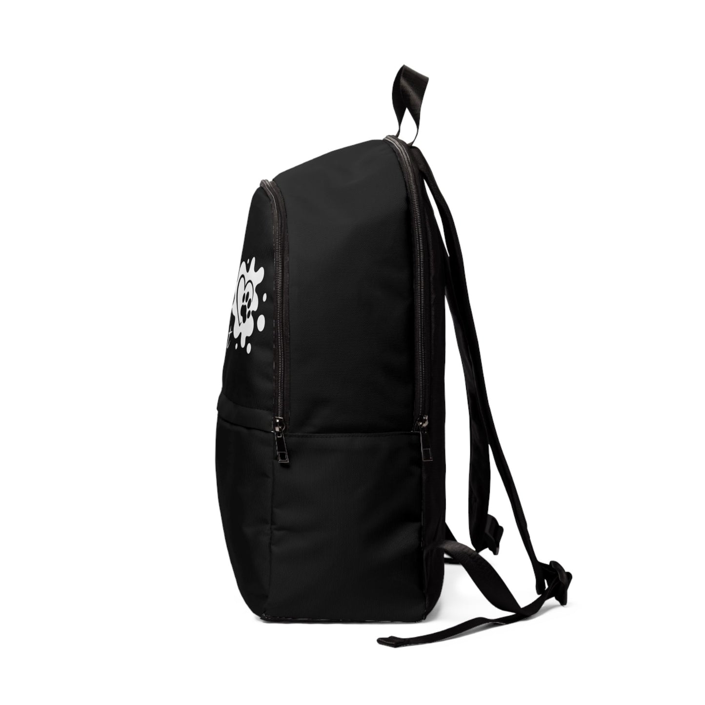 Black backpack with a white logo on a white background