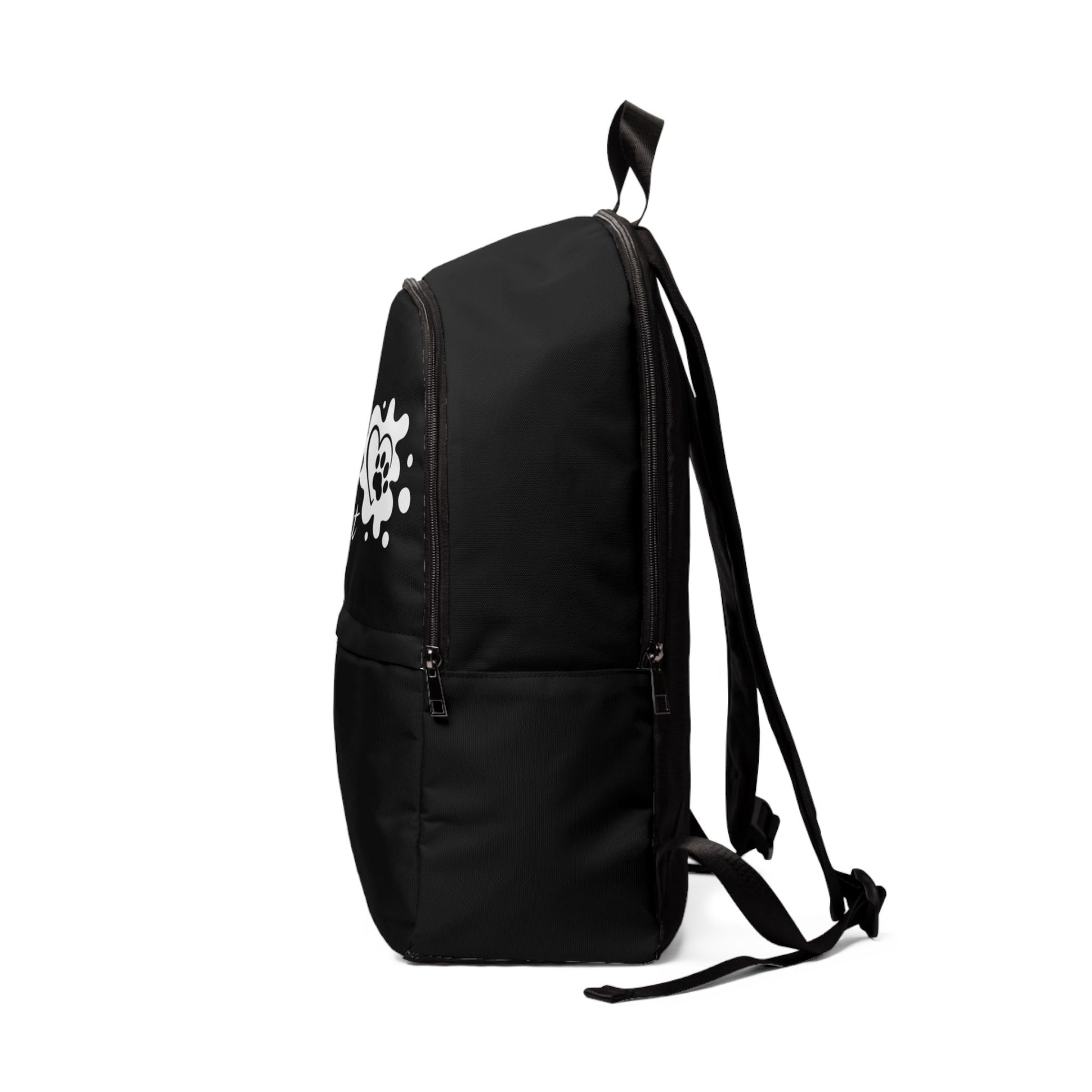Black backpack with a white logo on a white background