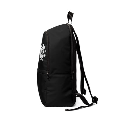 Black backpack with a white logo on a white background