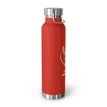 Red water bottle with silver cap and handle on a white background